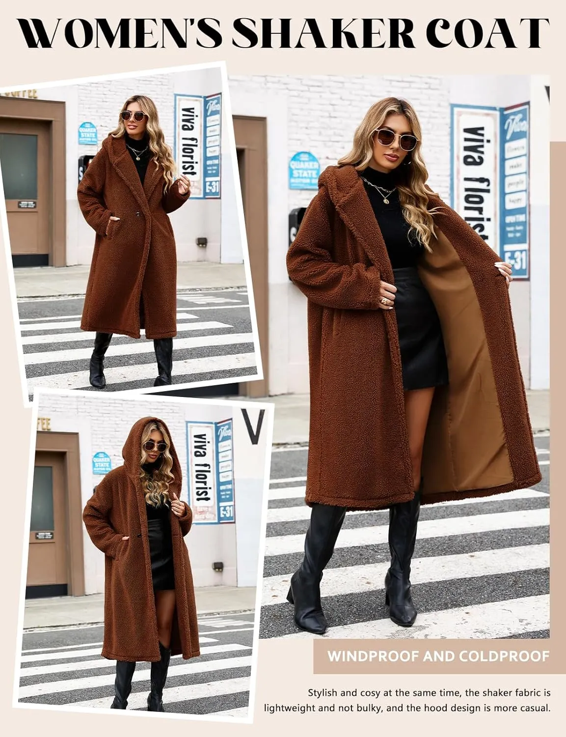 HEEKPEK Women Winter Fuzzy Fleece Lapel Coats Long Cardigan Fluffy Hooded Jackets Faux Fur Warm Overcoats with Pockets Button