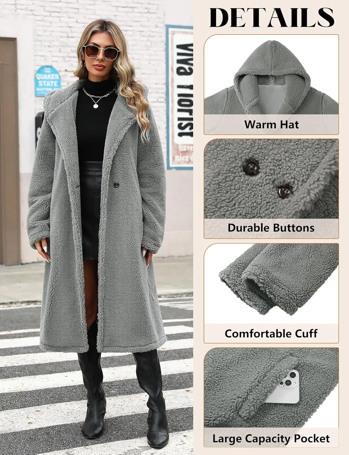 HEEKPEK Women Winter Fuzzy Fleece Lapel Coats Long Cardigan Fluffy Hooded Jackets Faux Fur Warm Overcoats with Pockets Button