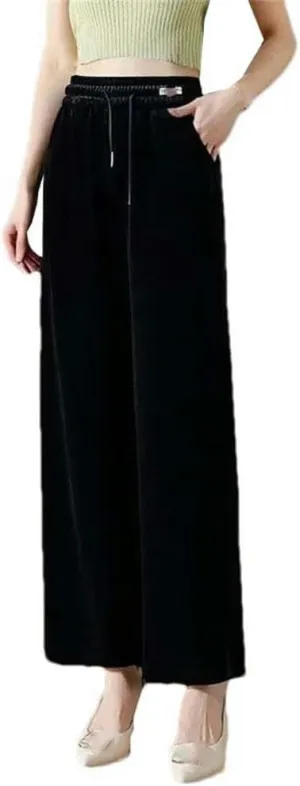 High-Waisted Casual Straight Pants in Autumn and Winter Basic Solid Color Retro Wide-Leg Pants Elastic Waist Daily Clothing