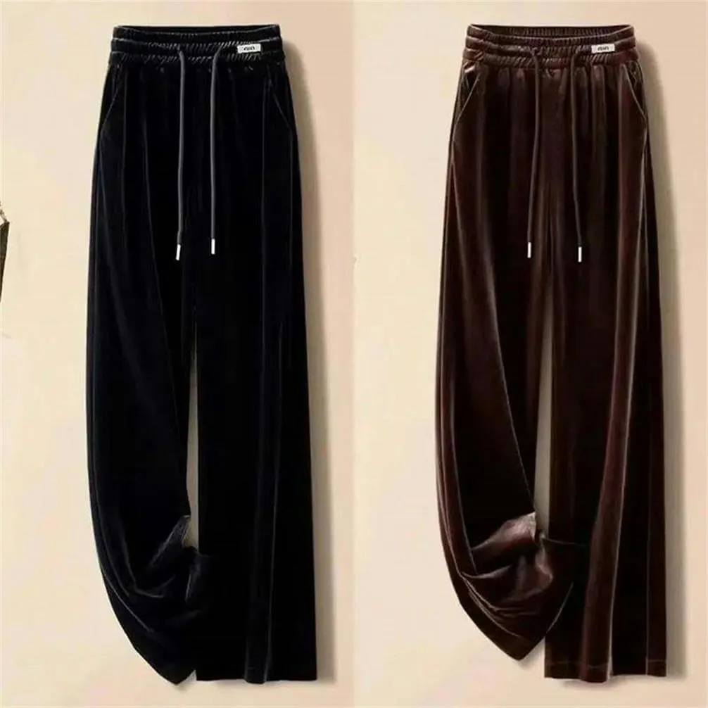 High-Waisted Casual Straight Pants in Autumn and Winter Basic Solid Color Retro Wide-Leg Pants Elastic Waist Daily Clothing