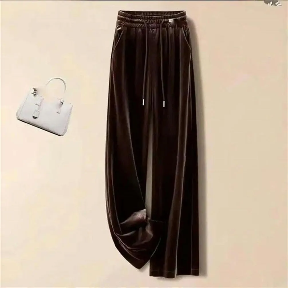 High-Waisted Casual Straight Pants in Autumn and Winter Basic Solid Color Retro Wide-Leg Pants Elastic Waist Daily Clothing