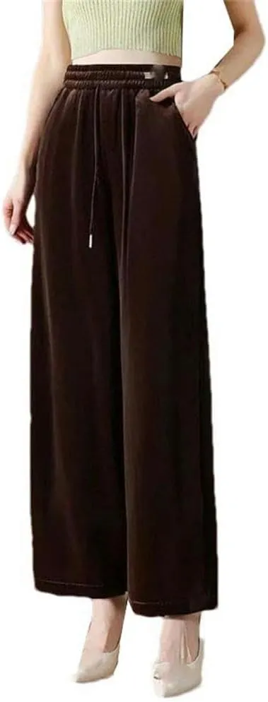 High-Waisted Casual Straight Pants in Autumn and Winter Basic Solid Color Retro Wide-Leg Pants Elastic Waist Daily Clothing