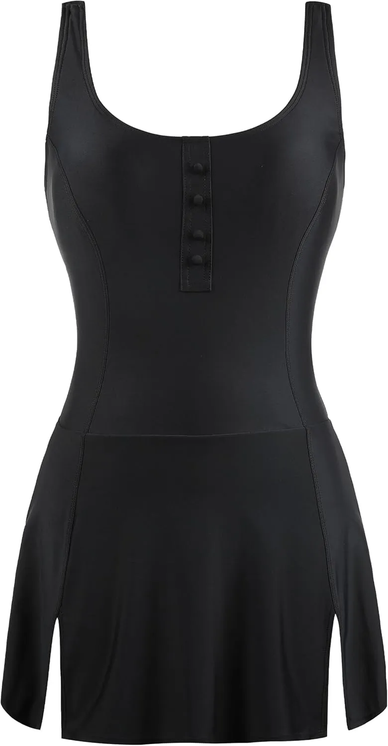 Hilor Women's One Piece Swimdress Tummy Control Swimsuits Skirted Bathing Suits Slimming Swim Dress