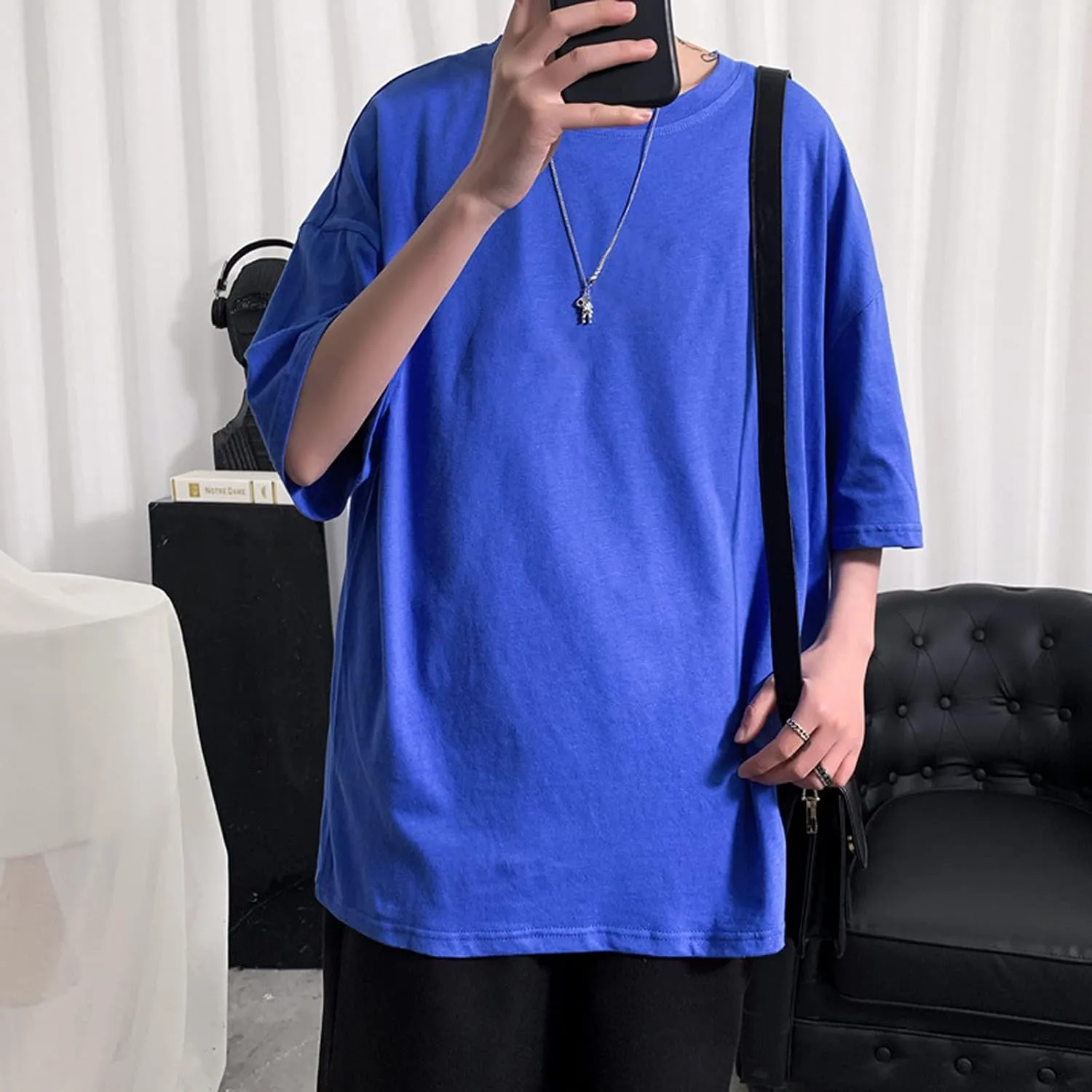 Hip Hop Mens Shirts Short Sleeve Solid Crew Neck Oversized Casual Baggy Basic Tees Streetwear Rap Summer Tops