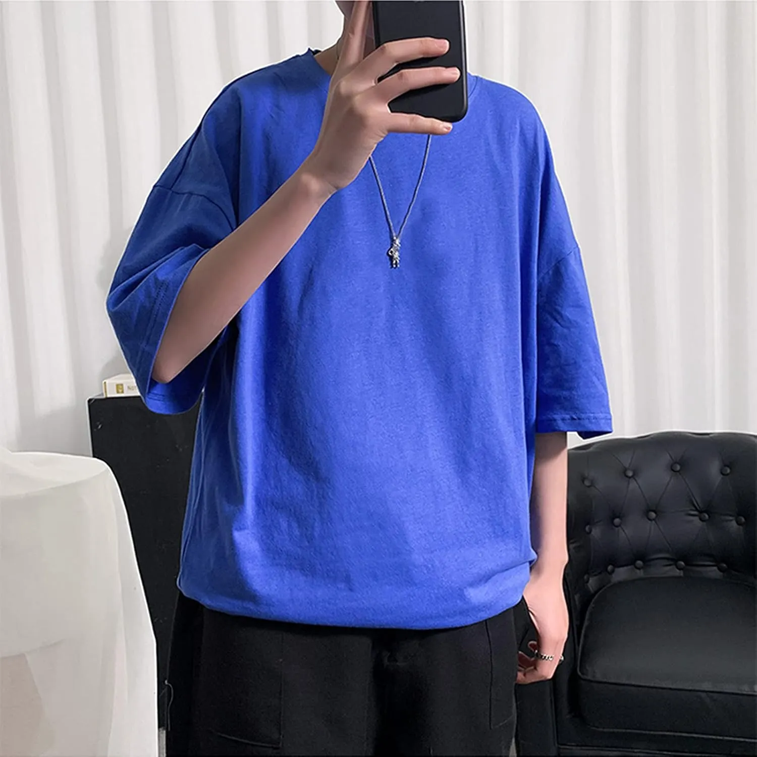 Hip Hop Mens Shirts Short Sleeve Solid Crew Neck Oversized Casual Baggy Basic Tees Streetwear Rap Summer Tops