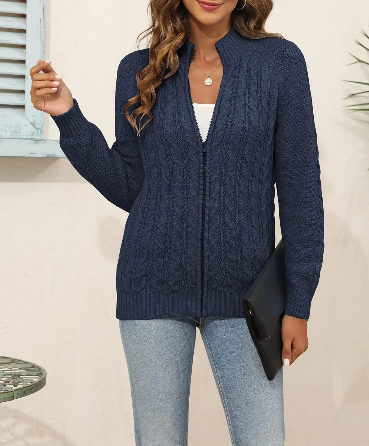 Hongqizo Women's Zipper Cable Knit Sweater Cardigan Long Sleeve Open Front Warm Knit Cardigan Casual Cardigan Knitwear