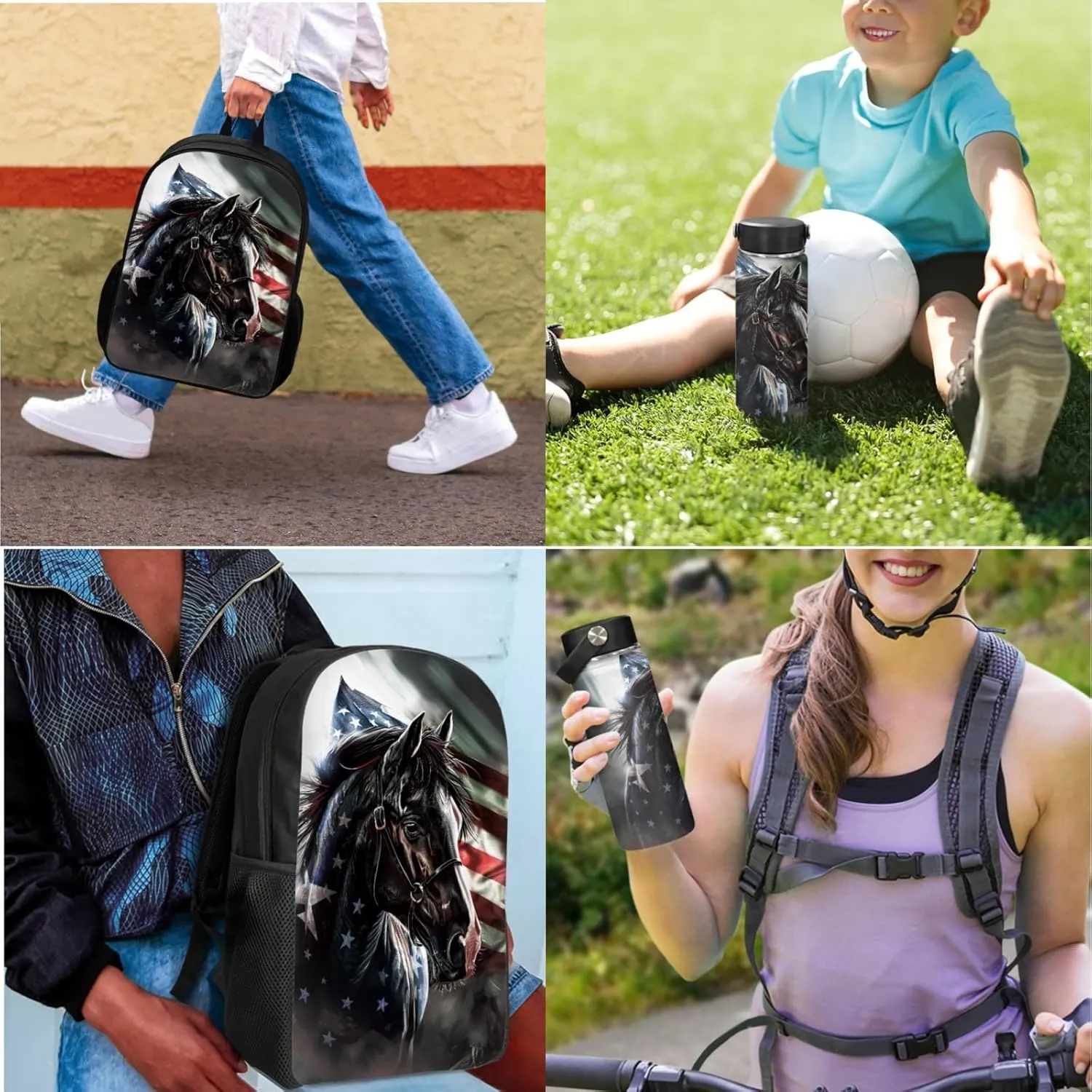 Horse Backpack 3 in 1 Set for Boys American Flag Bookbag,Patriotic School Bag for Kids 17 Inch Book Bags with Water Bottle for Elementary Children Large Daypack