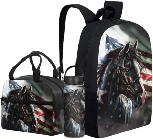 Horse Backpack 3 in 1 Set for Boys American Flag Bookbag,Patriotic School Bag for Kids 17 Inch Book Bags with Water Bottle for Elementary Children Large Daypack
