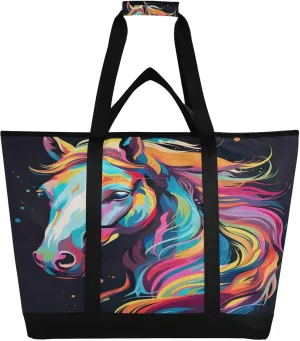 Horse Colorful Tote Bag for Women with Zipper Reusable Grocery Bags Foldable Insulated Cooler Bag Handbags Shopping Bags Totes for Groceries Beach Travel Work Picnic