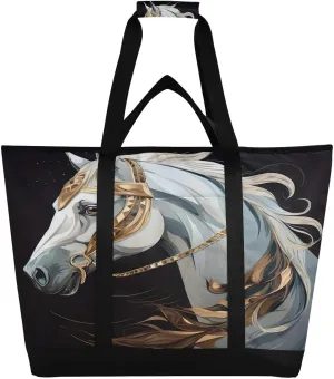 Horse Head Golden Tote Bag for Women with Zipper Reusable Grocery Bags Foldable Insulated Cooler Bag Totes Handbags Shopping Bags for Groceries Beach Picnic Travel Work