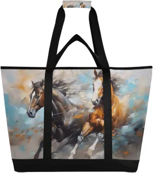 Horse Painting Tote Bag for Women with Zipper Reusable Grocery Bags Foldable Insulated Cooler Bag Totes Shopping Bags Handbags for Groceries Travel Beach Work Picnic