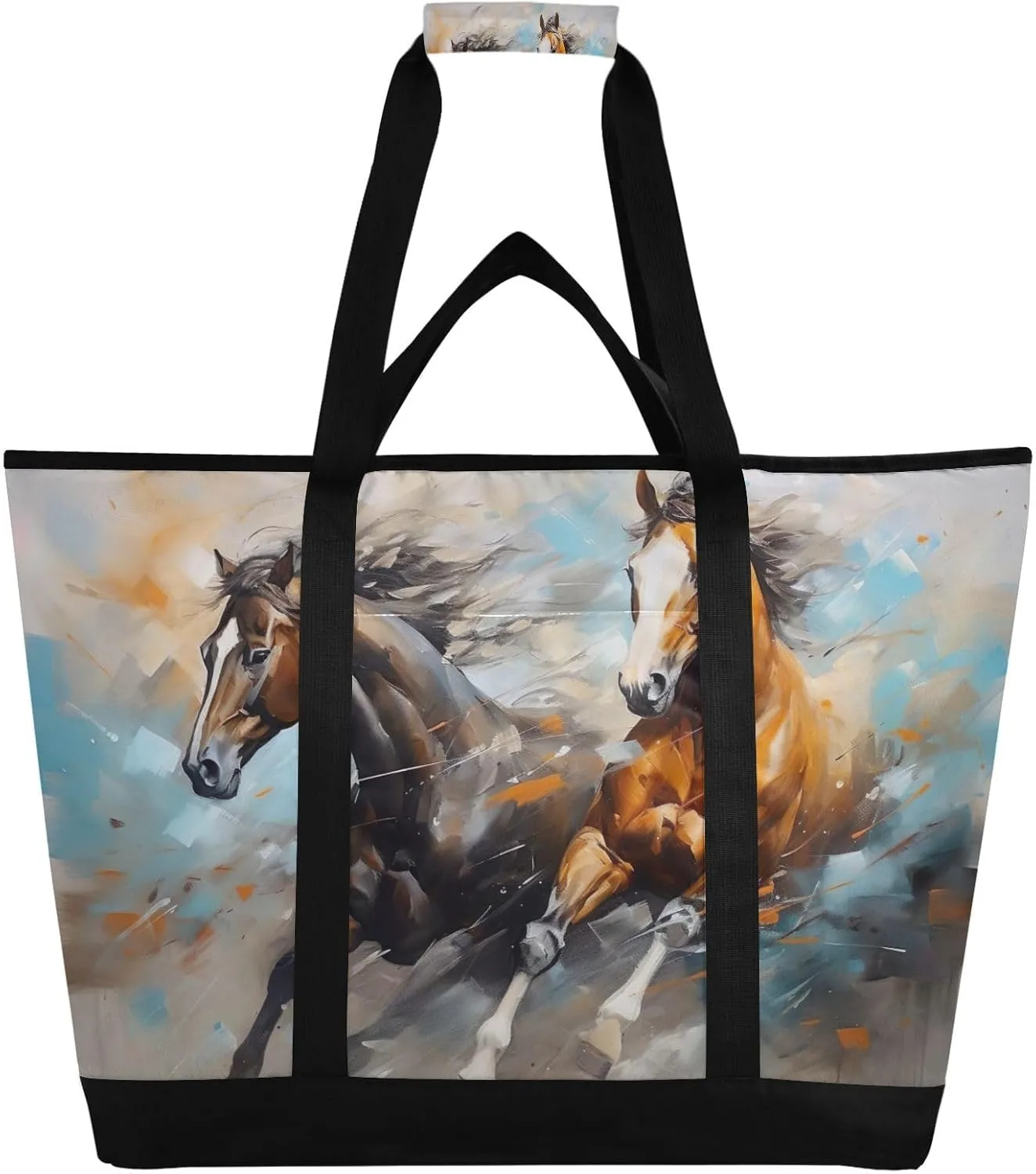 Horse Painting Tote Bag for Women with Zipper Reusable Grocery Bags Foldable Insulated Cooler Bag Totes Shopping Bags Handbags for Groceries Travel Beach Work Picnic