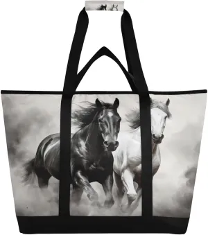 Horse Running Tote Bag for Women with Zipper Reusable Grocery Bags Foldable Insulated Cooler Bag Totes Shopping Bags Handbags for Groceries Picnic Travel Beach Work