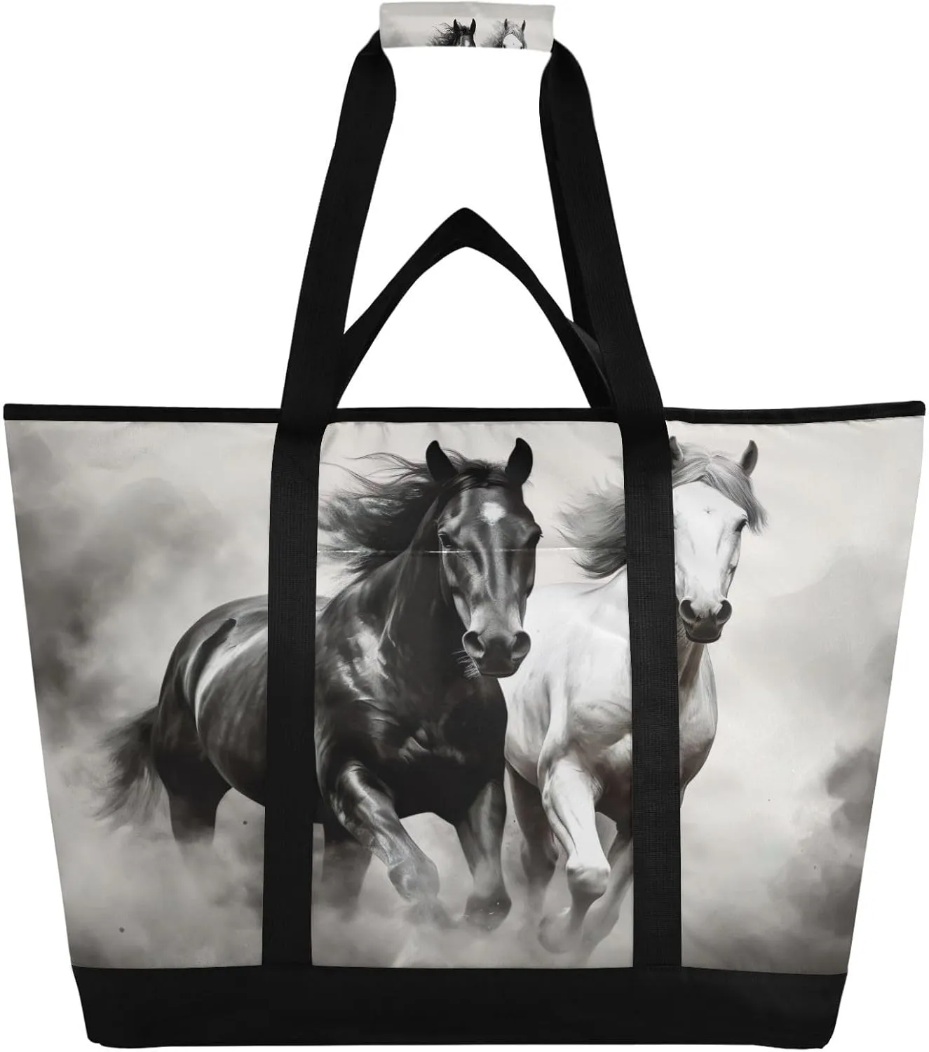 Horse Running Tote Bag for Women with Zipper Reusable Grocery Bags Foldable Insulated Cooler Bag Totes Shopping Bags Handbags for Groceries Picnic Travel Beach Work