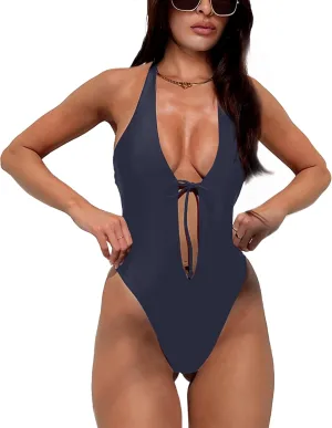 HYPERFIRE Women's Sexy One Piece Swimsuit Halter Deep V Neck Bathing Suit High Cut Monokini