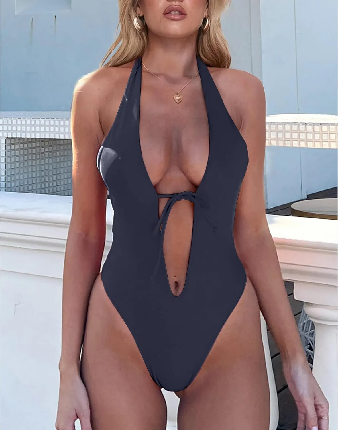 HYPERFIRE Women's Sexy One Piece Swimsuit Halter Deep V Neck Bathing Suit High Cut Monokini