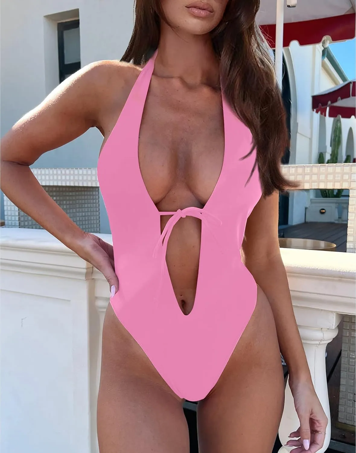 HYPERFIRE Women's Sexy One Piece Swimsuit Halter Deep V Neck Bathing Suit High Cut Monokini