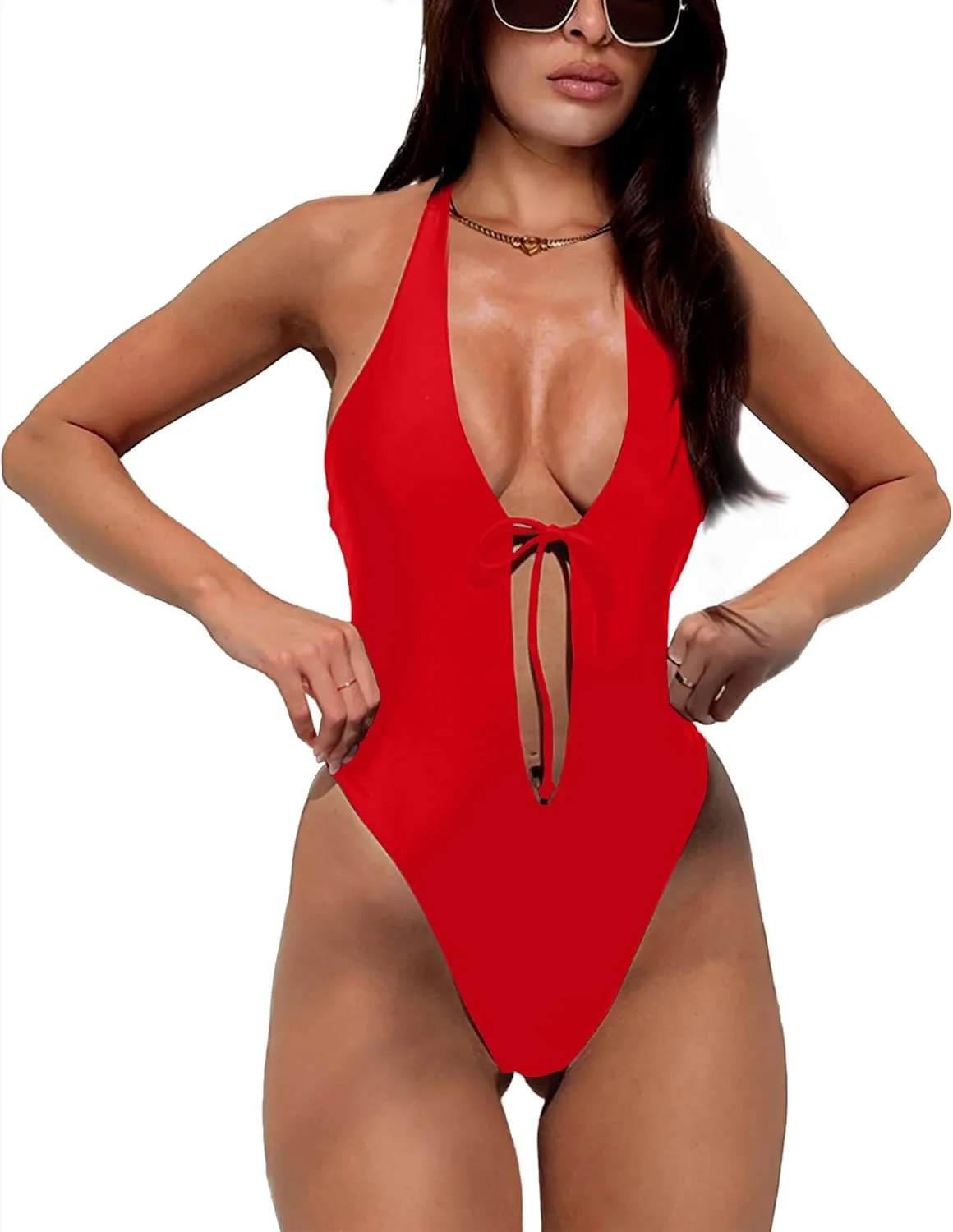 HYPERFIRE Women's Sexy One Piece Swimsuit Halter Deep V Neck Bathing Suit High Cut Monokini
