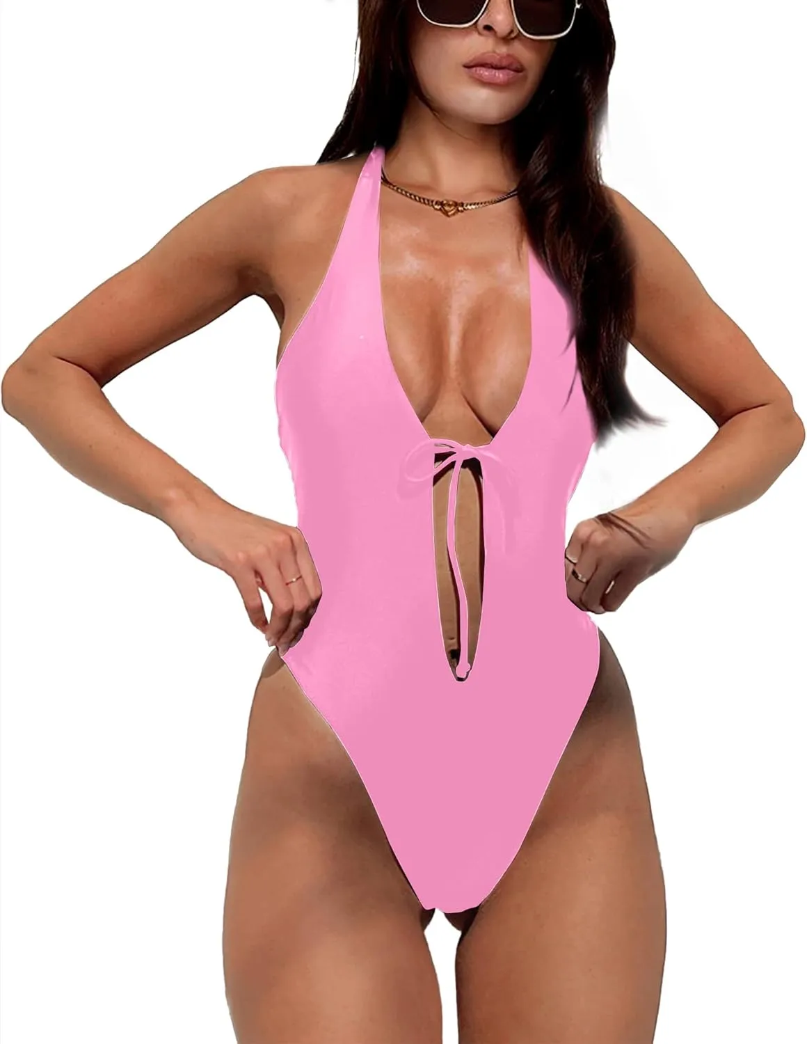 HYPERFIRE Women's Sexy One Piece Swimsuit Halter Deep V Neck Bathing Suit High Cut Monokini