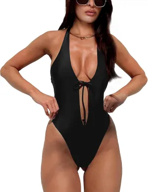 HYPERFIRE Women's Sexy One Piece Swimsuit Halter Deep V Neck Bathing Suit High Cut Monokini