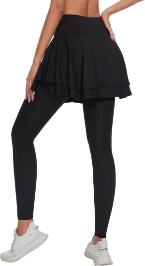 Ibeauti Womens UPF 50  Yoga Skirted Capri Leggings Golf Tennis Pants with Skirt for Running Workout Active
