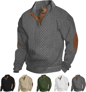 Icelandic Sweater Men,Mens Sweater with Elbow Patches,Vintage Pullover Collar Sweater
