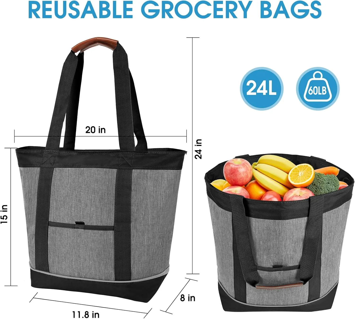 Insulated Cooler Bag, Reusable 30 Cans Insulated Bag, Soft Portable Grocery Bags for Shopping Food Travel Beach Camping