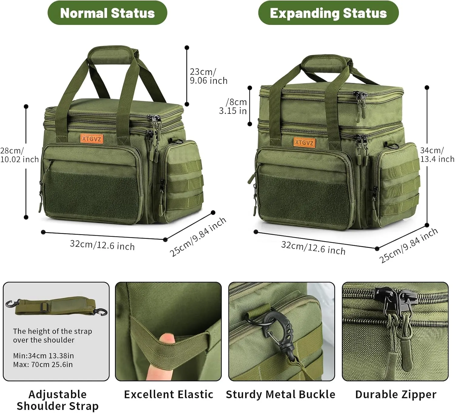 Insulated Lunch Bag for Men, Large Mens Lunchbox for Work, Adult Lunch Box with Dual Compartments and Water Bottle Holder, Heavy Duty Double Decker Lunch Bag for Travel, ConstructionGreen 24L