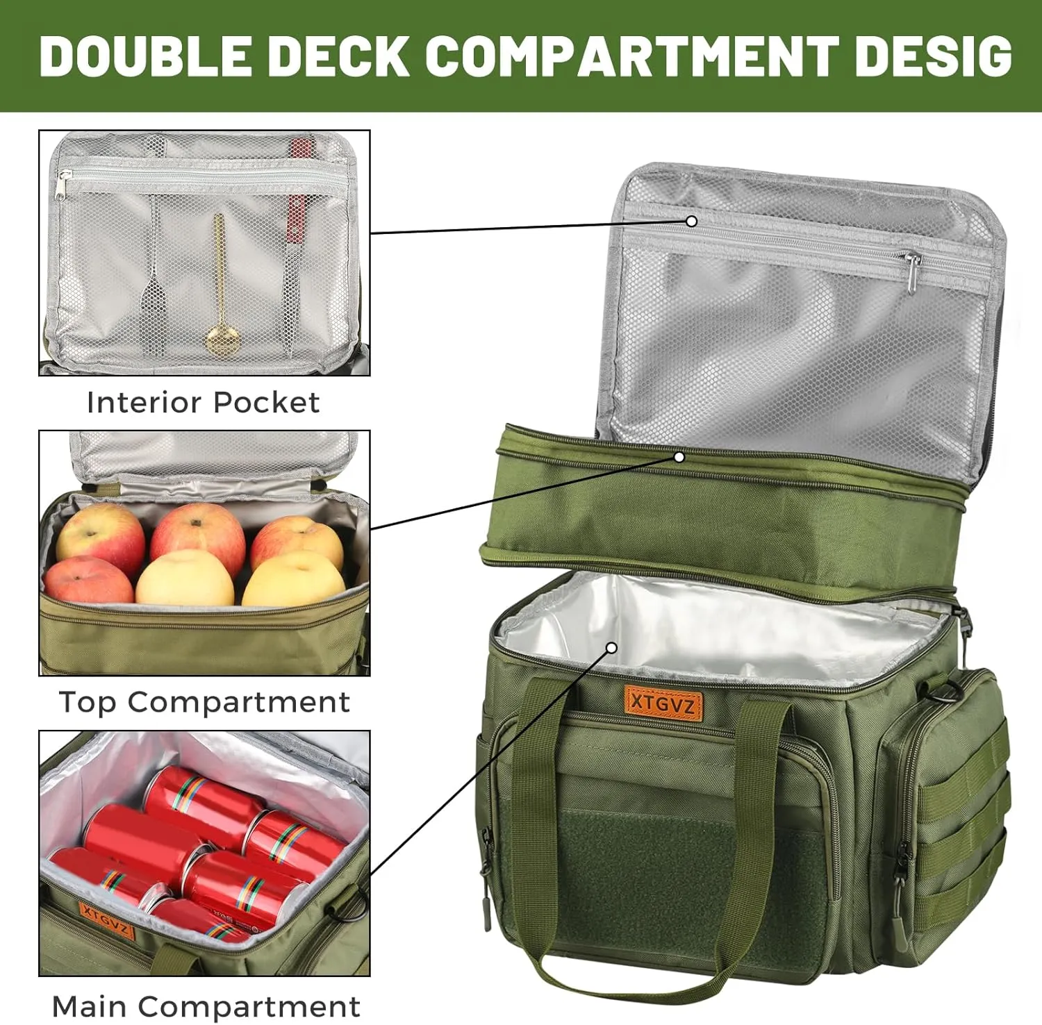 Insulated Lunch Bag for Men, Large Mens Lunchbox for Work, Adult Lunch Box with Dual Compartments and Water Bottle Holder, Heavy Duty Double Decker Lunch Bag for Travel, ConstructionGreen 24L