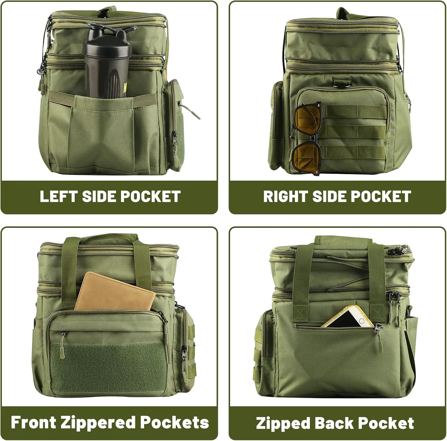 Insulated Lunch Bag for Men, Large Mens Lunchbox for Work, Adult Lunch Box with Dual Compartments and Water Bottle Holder, Heavy Duty Double Decker Lunch Bag for Travel, ConstructionGreen 24L