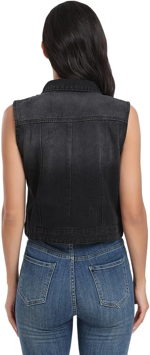 J.Corrine Womens Denim Vest Sleeveless Classic Cropped Distressed Spread Collar Button Jean Vest Jackets With Pockets