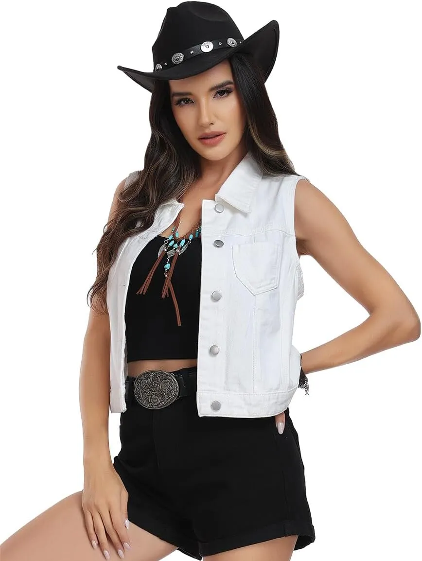 J.Corrine Womens Denim Vest Sleeveless Classic Cropped Distressed Spread Collar Button Jean Vest Jackets With Pockets
