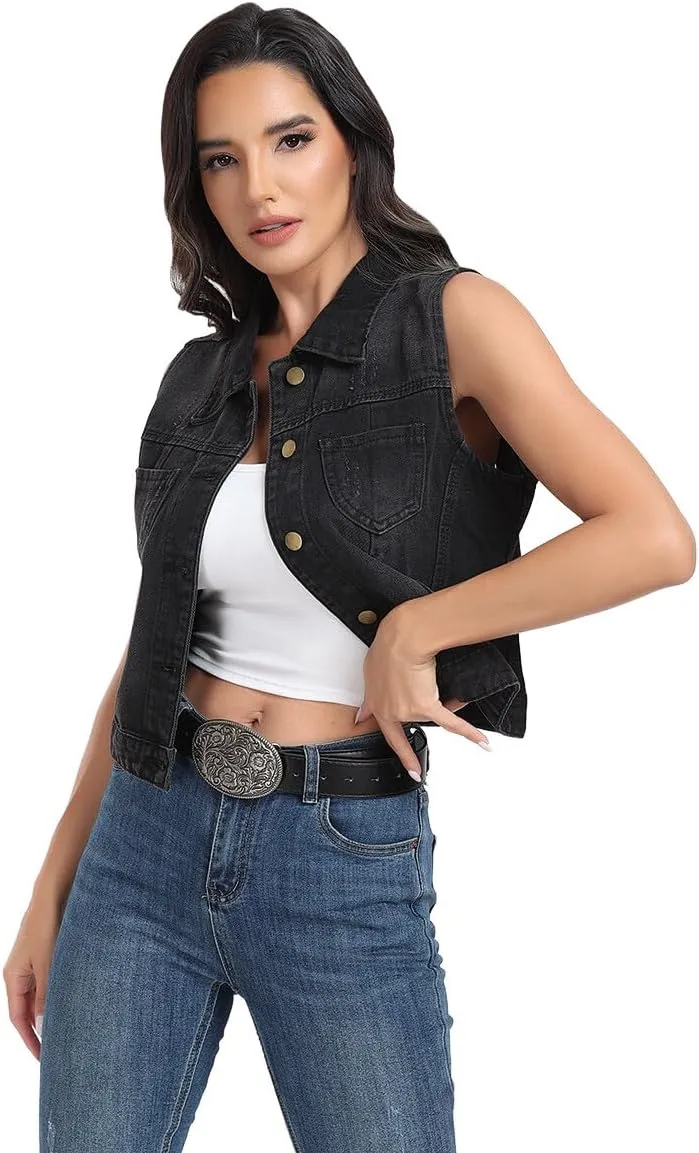 J.Corrine Womens Denim Vest Sleeveless Classic Cropped Distressed Spread Collar Button Jean Vest Jackets With Pockets