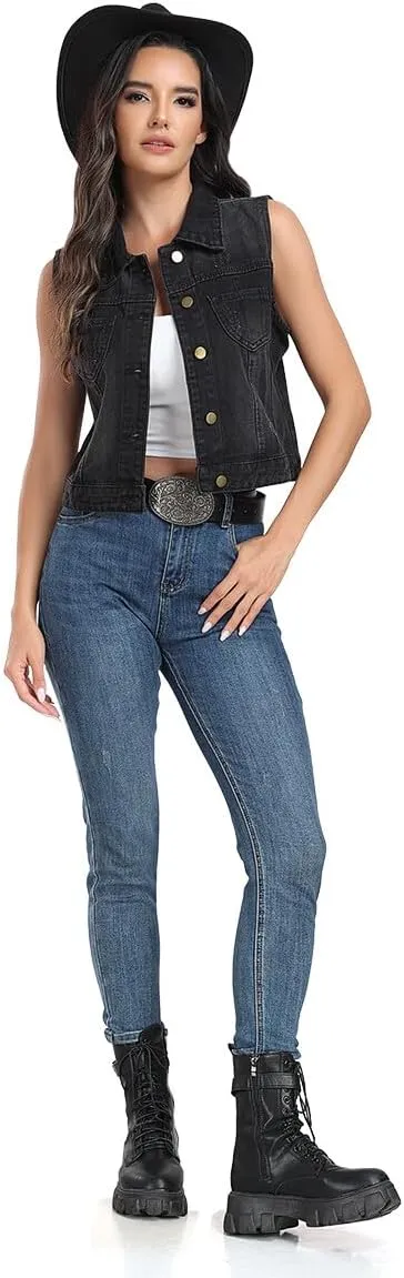 J.Corrine Womens Denim Vest Sleeveless Classic Cropped Distressed Spread Collar Button Jean Vest Jackets With Pockets
