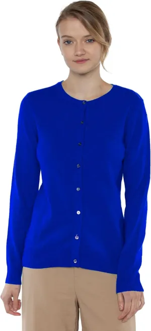JENNIE LIU Women's 100% Cashmere Button Front Long Sleeve Crewneck Cardigan Sweater