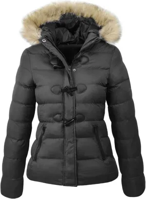 JEsilunmaMY Womens Winter Horn Button Parka Coat Slim Warm Thicken Puffer Jacket with Fur Hood Windproof Short Down Jacket