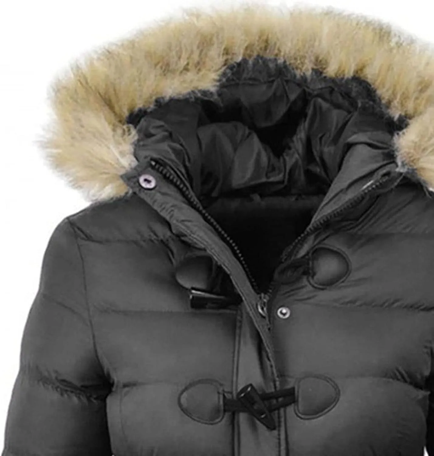 JEsilunmaMY Womens Winter Horn Button Parka Coat Slim Warm Thicken Puffer Jacket with Fur Hood Windproof Short Down Jacket