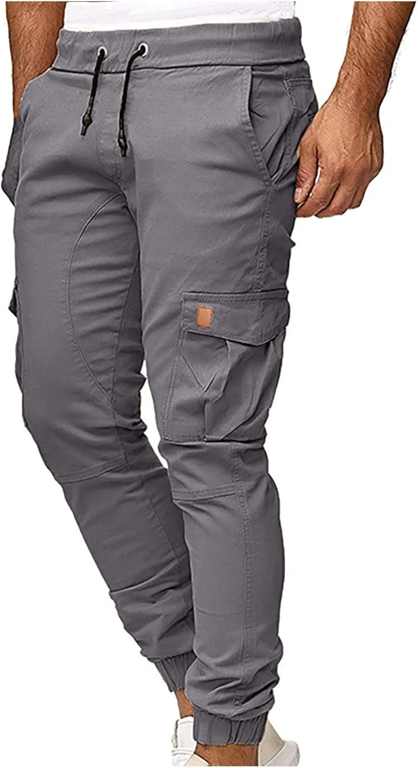 Joggers for Men Big and Tall Slim Fit Cargo Pants Drawstring Elastic Waist Pants Solid Hiking Pants Casual Dress Pants