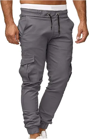 Joggers for Men Big and Tall Slim Fit Cargo Pants Drawstring Elastic Waist Pants Solid Hiking Pants Casual Dress Pants