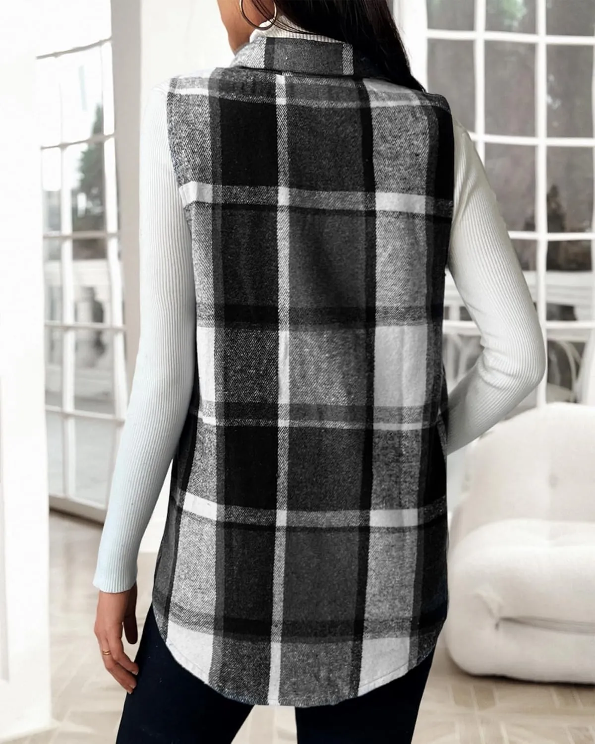 JTI Vest for Women, Flannel Plaid Lapel Neck Sleeveless Outerwear Vests, Button Front with Pockets Casual Jackets