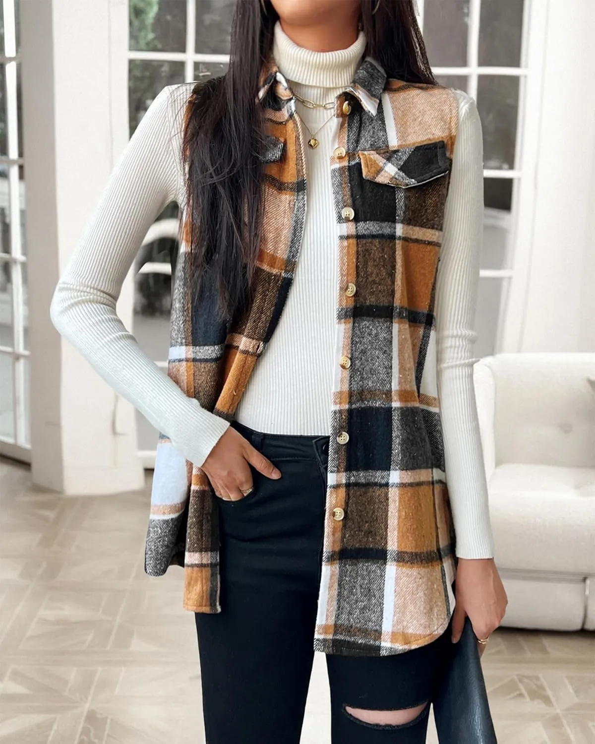 JTI Vest for Women, Flannel Plaid Lapel Neck Sleeveless Outerwear Vests, Button Front with Pockets Casual Jackets