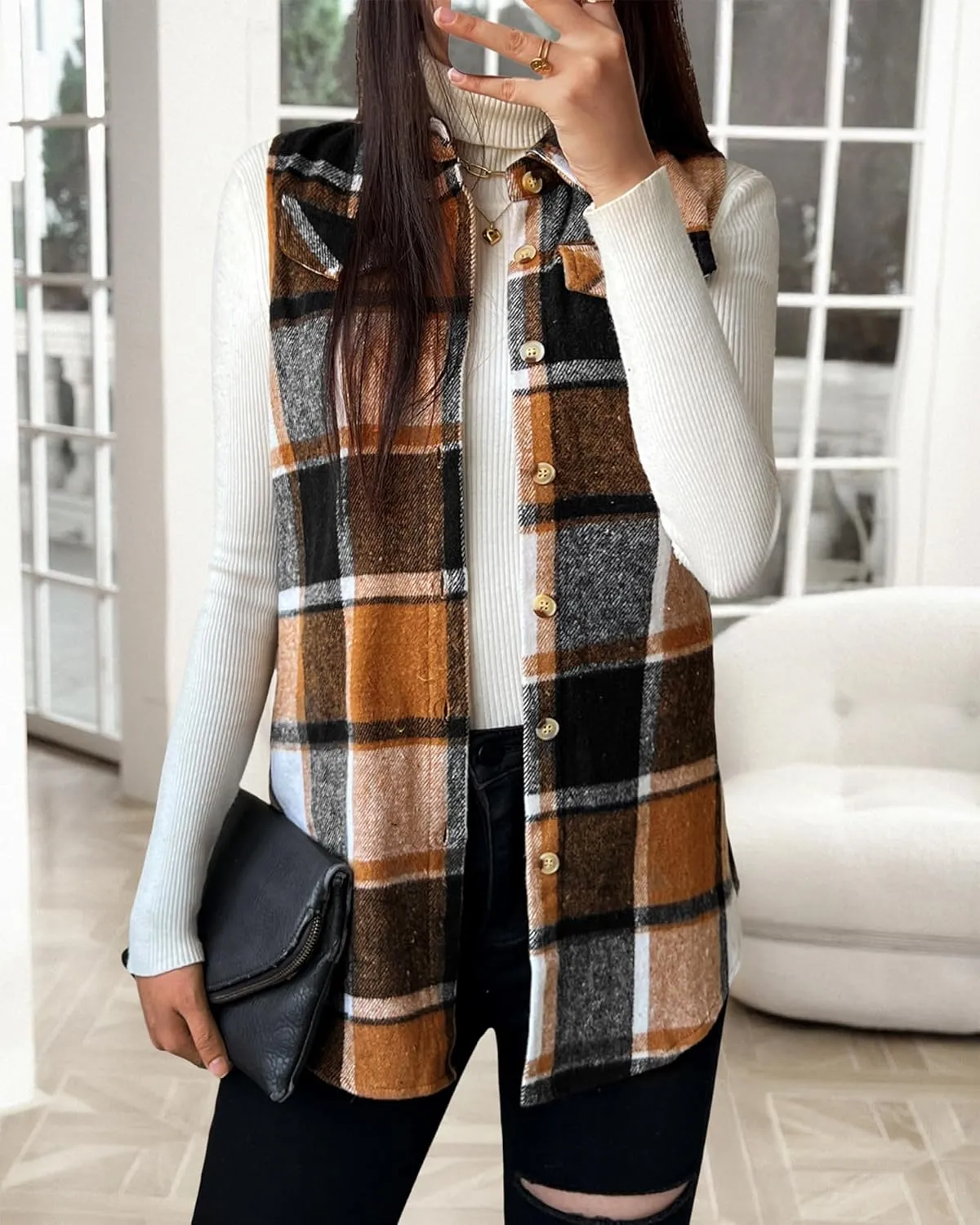 JTI Vest for Women, Flannel Plaid Lapel Neck Sleeveless Outerwear Vests, Button Front with Pockets Casual Jackets