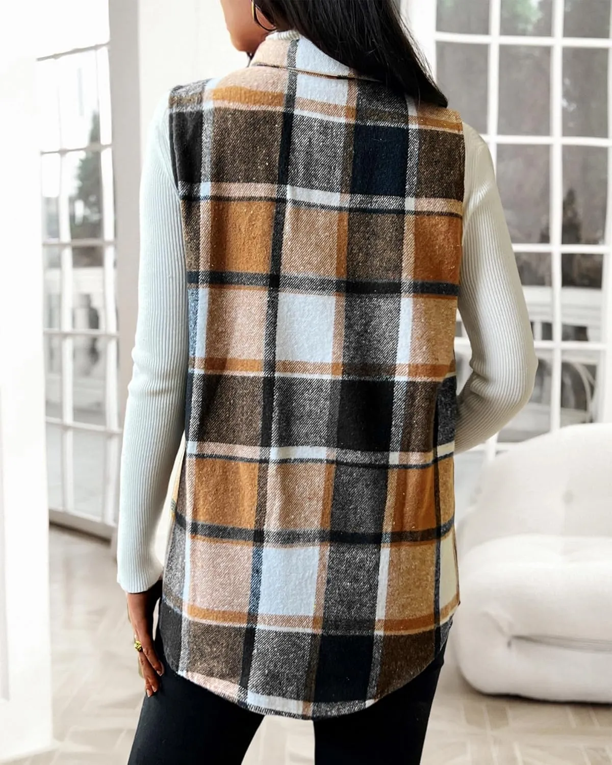 JTI Vest for Women, Flannel Plaid Lapel Neck Sleeveless Outerwear Vests, Button Front with Pockets Casual Jackets