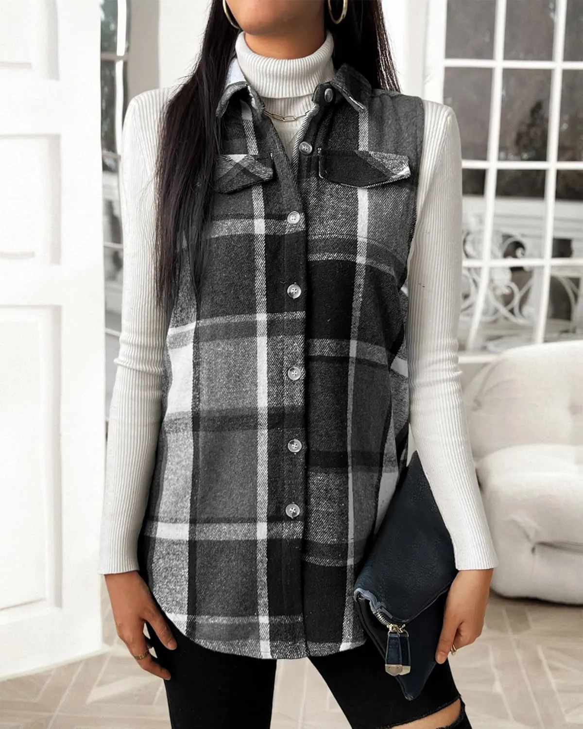 JTI Vest for Women, Flannel Plaid Lapel Neck Sleeveless Outerwear Vests, Button Front with Pockets Casual Jackets