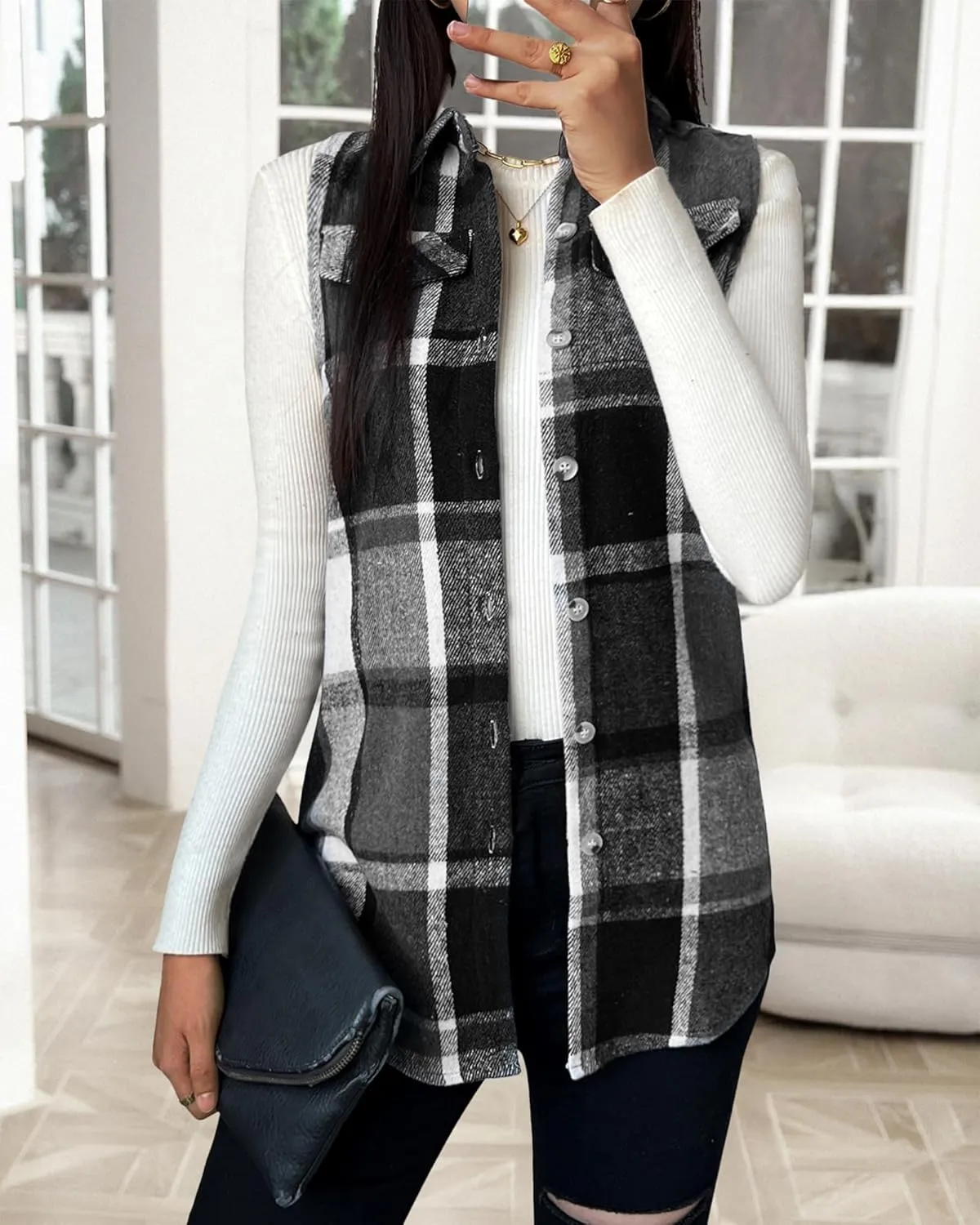 JTI Vest for Women, Flannel Plaid Lapel Neck Sleeveless Outerwear Vests, Button Front with Pockets Casual Jackets
