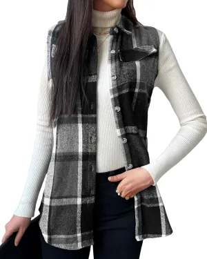 JTI Vest for Women, Flannel Plaid Lapel Neck Sleeveless Outerwear Vests, Button Front with Pockets Casual Jackets