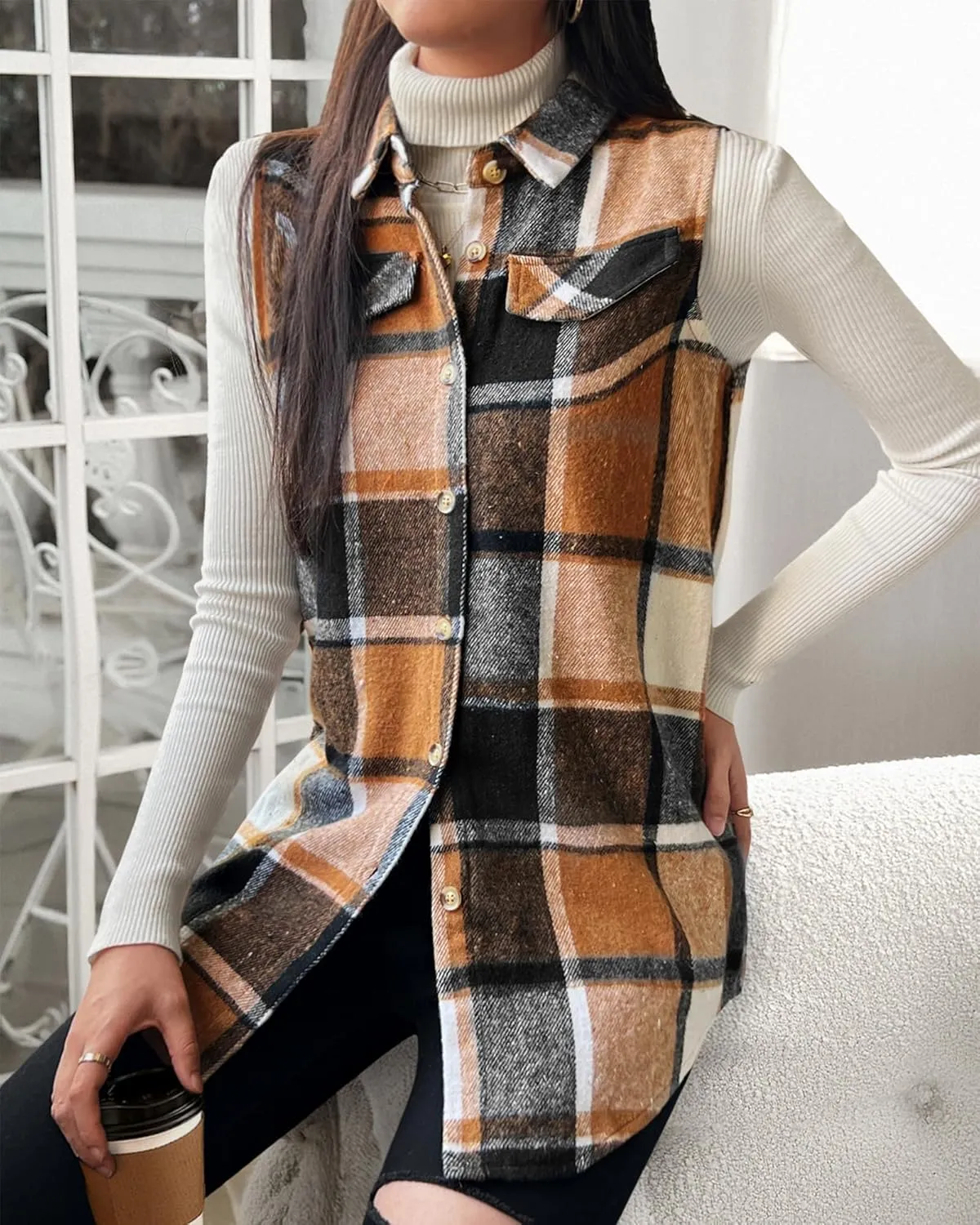 JTI Vest for Women, Flannel Plaid Lapel Neck Sleeveless Outerwear Vests, Button Front with Pockets Casual Jackets