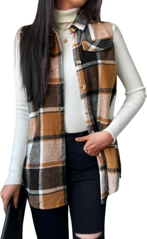 JTI Vest for Women, Flannel Plaid Lapel Neck Sleeveless Outerwear Vests, Button Front with Pockets Casual Jackets