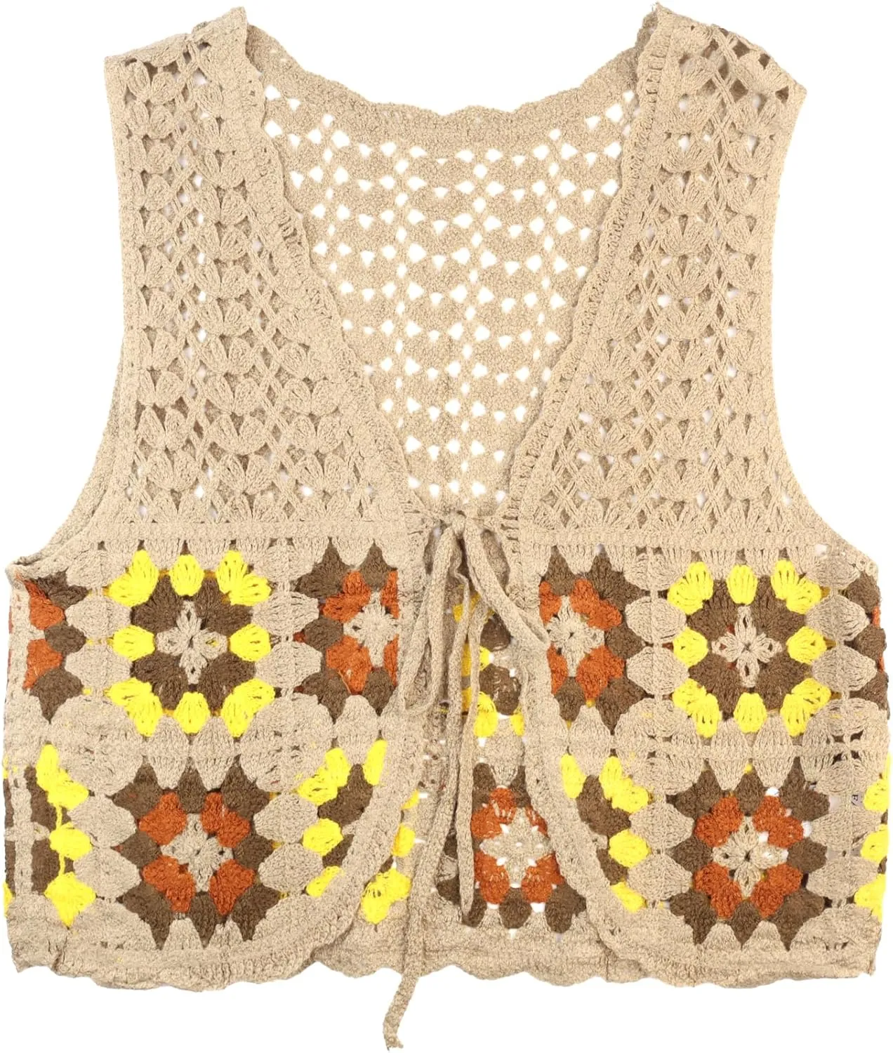 KEOMUD Crochet Floral Sweater Vest for Women Casual V Neck Crop Hollow Out Sleeveless Tie Front Knit Cardigan Vest