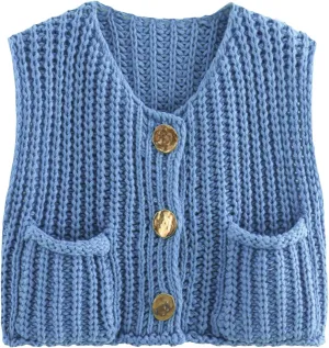 KEOMUD Women's Sleeveless Cropped Knit Cardigan 2025 Casual Button Down Crochet Sweater Vest Tops with Pockets